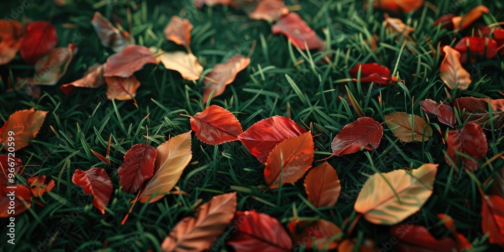 Vibrant Green Grass Covered with Scattered Autumn Leaves in Red and Orange Shades