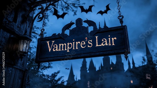 Spooky Sign   Vampire s Lair  with Bats and Castle in Background photo