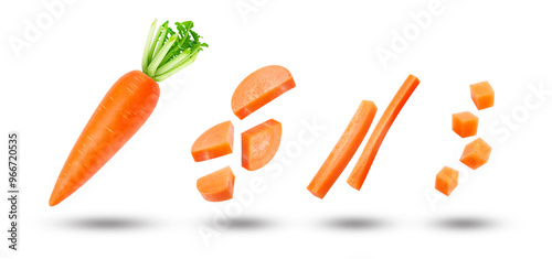 Flying carrot with slices collection and shadow isolated on white background , clipping path.