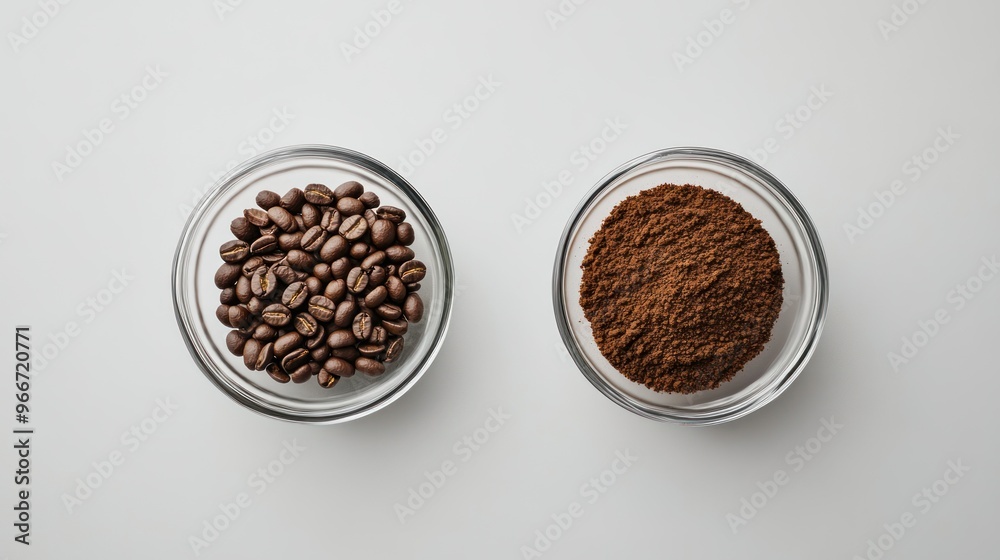 Two bowls of coffee beans and coffee powder Two bowls of coffee beans and coffee powder