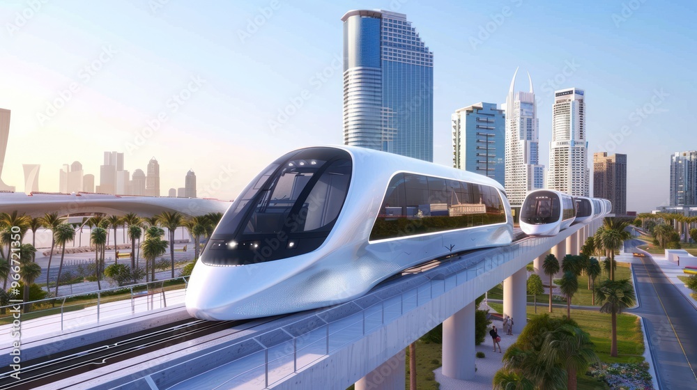 Fototapeta premium Futuristic Train Traveling Through Cityscape.