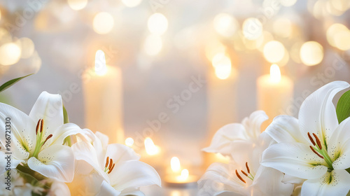 White Lilies And Candles On A Soft, Blurred Background. Perfect For Sympathy Cards, Memorial Services, Or Funeral Arrangements.