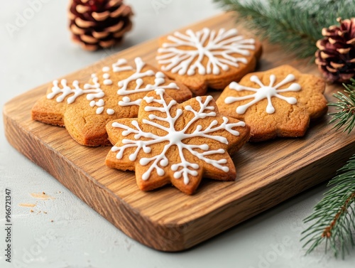 Close-up of handmade Christmas cookies, decorated with intricate icing patterns, placed on a rustic wooden tray