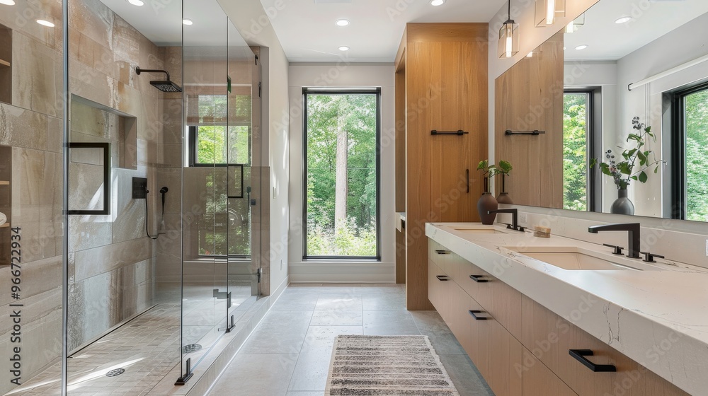A contemporary bathroom with a walk-in shower, sleek fixtures, and a minimalist design A contemporary bathroom with a walk-in shower, sleek fixtures, and a minimalist design