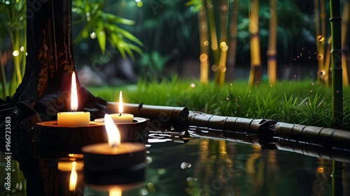 A candle is lit on the river bank with some bamboo trees. Relaxing and comfortable atmosphere. Seamless 4K looping timelapse video animation background