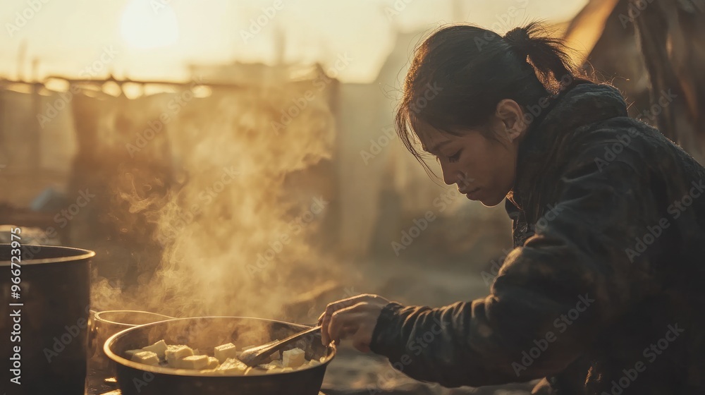 Obraz premium Woman Cooking Food in a Pot on a Stovetop Outdoors