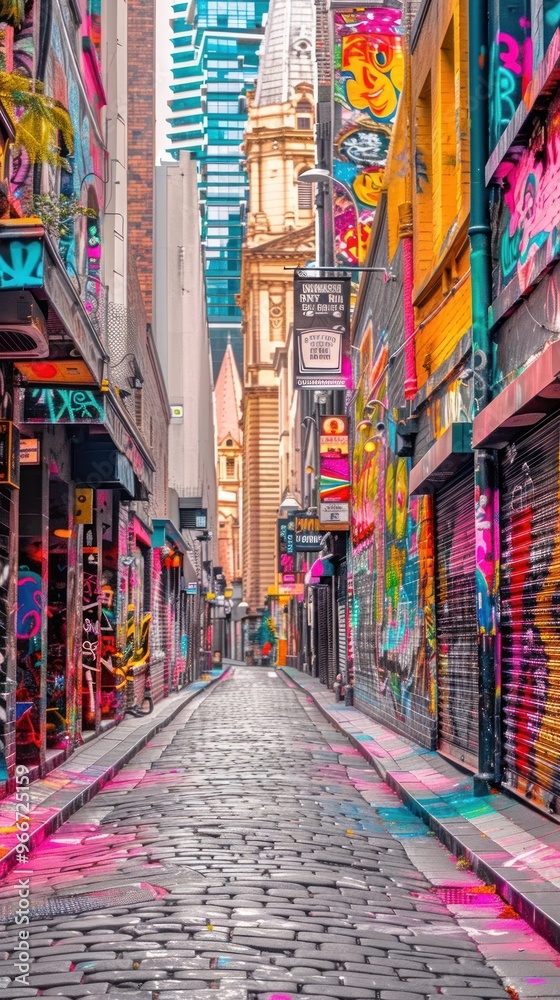 Fototapeta premium Colorful alleyway with graffiti and cobblestones.