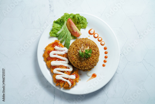 A Plate of Nasi Goreng With Chicken Katsu and Vegetables on Marble Table