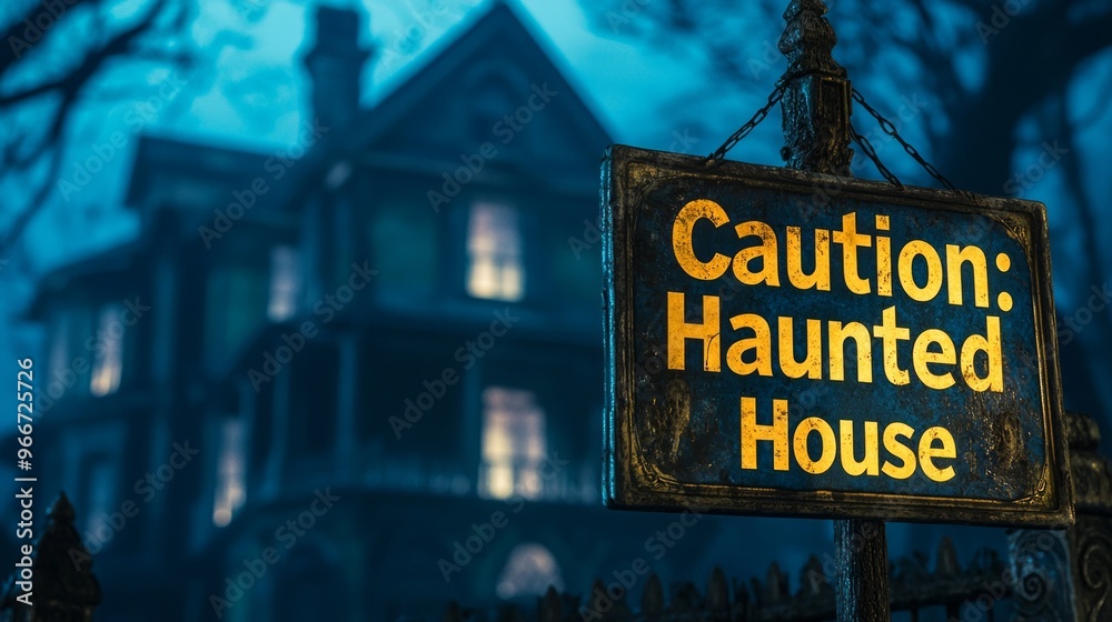 Obraz premium Haunted House Warning Sign at Night