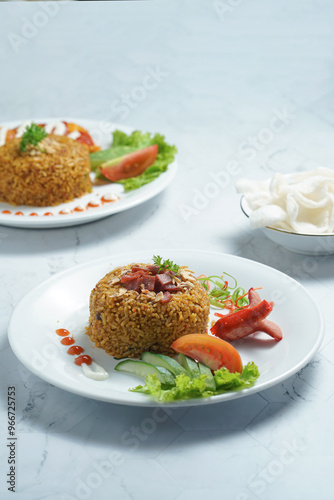 Two Plates of Nasi Goreng With Rice, Vegetables, and Sausage on Marble Table