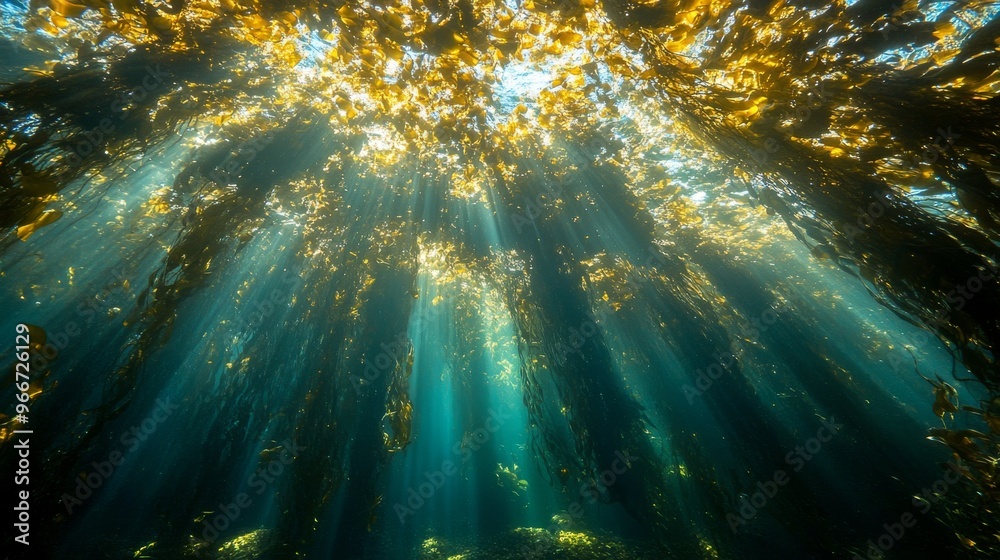 Fototapeta premium Sunbeams Illuminating Kelp Forest Underwater