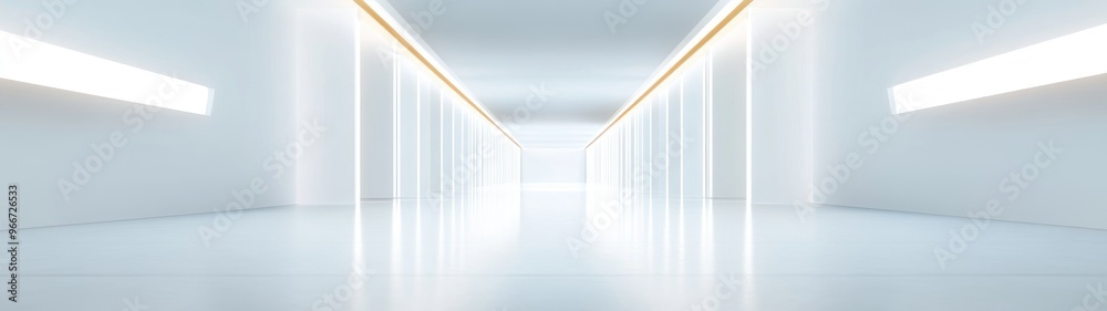 Fototapeta premium White Corridor with Bright Fluorescent Lights and Gold Trim