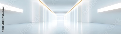 White Corridor with Bright Fluorescent Lights and Gold Trim