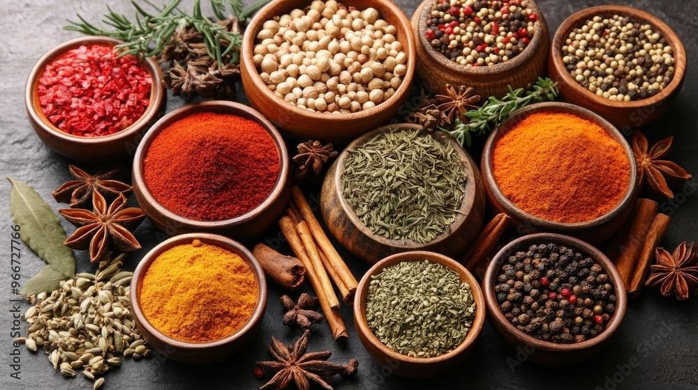 Assorted Spices in Wooden Bowls on Dark Background Assorted Spices in Wooden Bowls on Dark Background