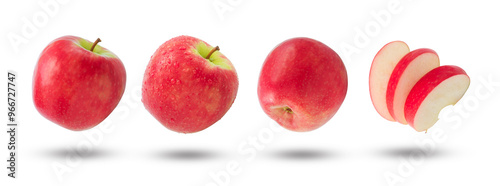 Flying red apple (pink lady apple) collection with slice apple isolated on white background. Clipping path.