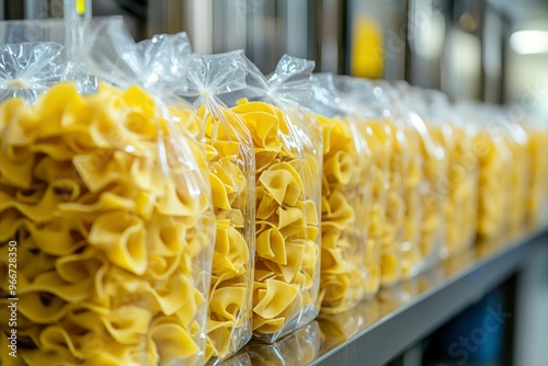 Close-up of uncooked egg noodles in plastic bags on a metal shelf