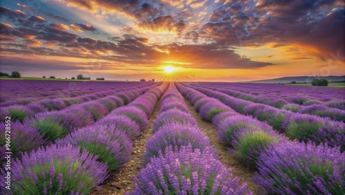 Rows of lavender stretching towards a breathtaking sunset, lavender, rows, sunset, beautiful, nature, purple, field