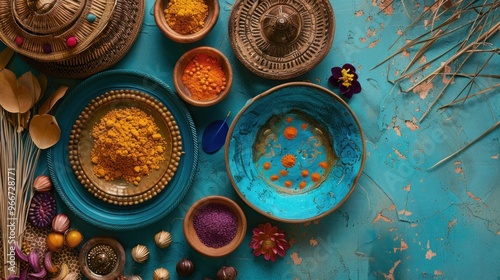 Colorful Spices in Vintage Bowls on Turquoise Background.