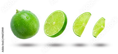 Flying lime has water drop with slice green lime isolated on white background , clipping path.