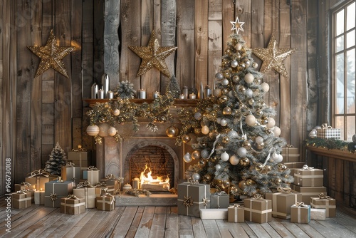 Elegant Christmas tree with silver and gold lights, gifts by fireplace on rustic wooden wall, featuring hanging stars.