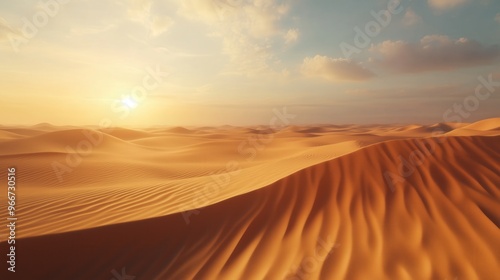 A desert landscape with a sun in the sky. The sun is setting and the sky is filled with clouds. The scene is peaceful and serene