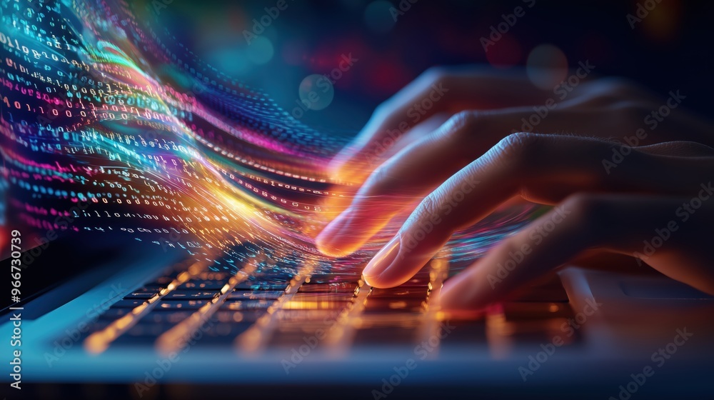 © panumas - A hand is typing on a laptop keyboard with colorful lines and numbers. Concept of creativity and innovation, as the hand is using the keyboard to input data or code