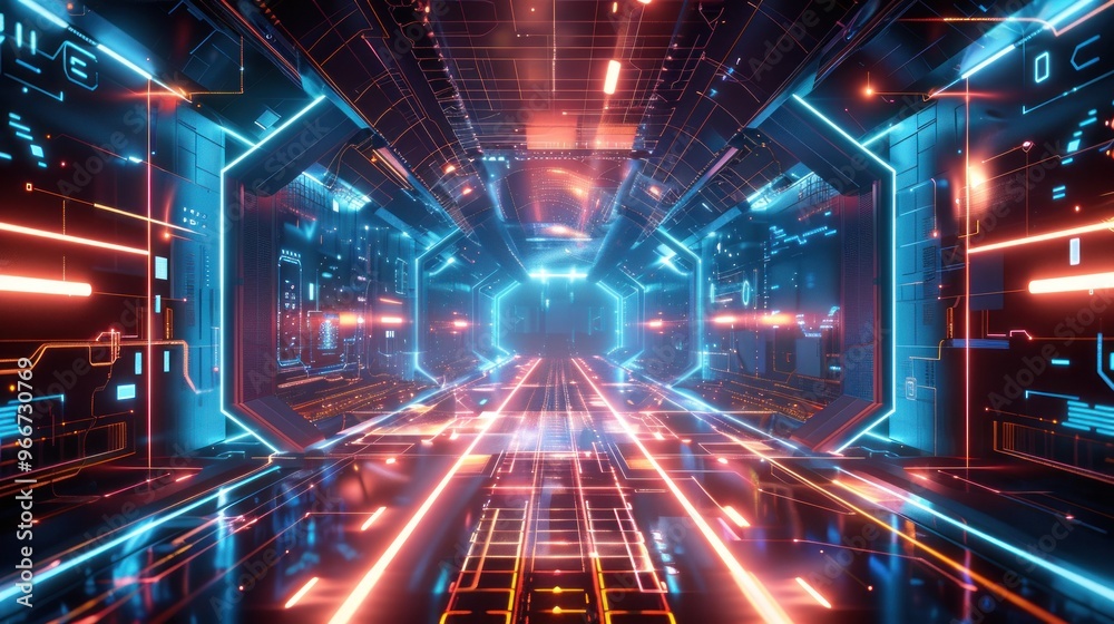 Futuristic corridor with glowing neon lights.