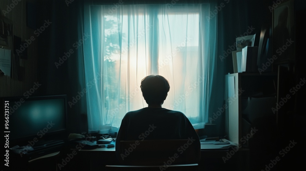 Fototapeta premium A person is sitting in front of a computer monitor with a blue curtain behind them. The room is dimly lit, and the person appears to be staring at the screen. Scene is somewhat somber
