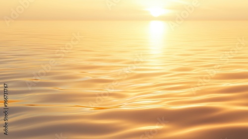 The sun is setting over the ocean, casting a warm glow on the water. The waves are calm and the sky is a beautiful shade of orange. The scene is peaceful and serene