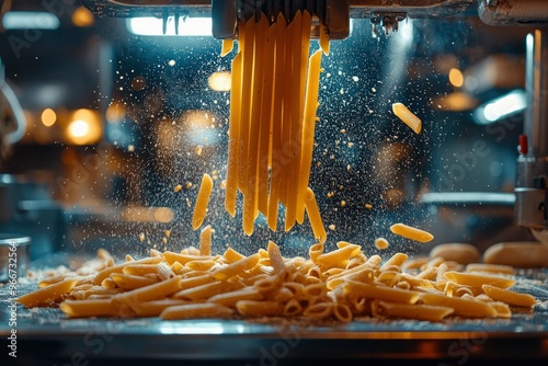 Pasta Production Line with Penne Pasta Falling onto a Conveyor Belt photo