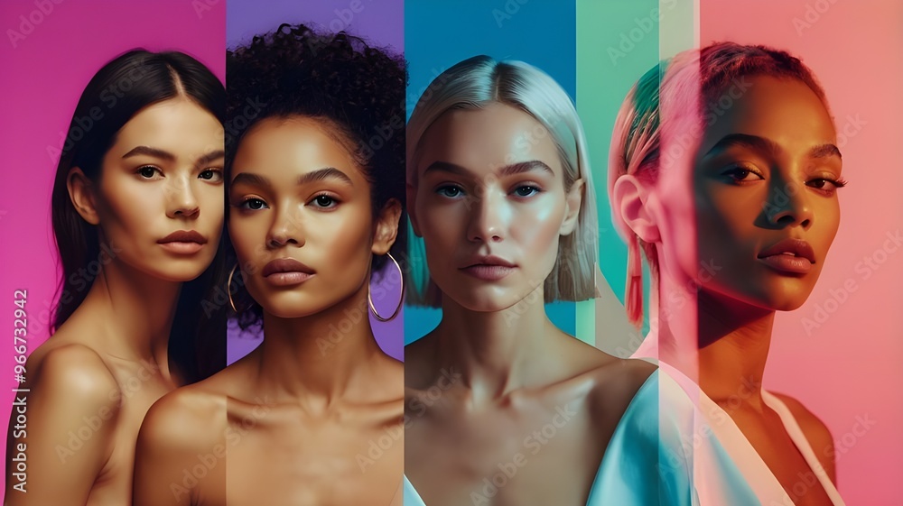 Collage showing four beautiful woman of different age and nationality against multicolored gradient background in neon light, Diverse beauty. Concept of female beauty, cosmetology. Collage showing four beautiful woman of different age and nationality against multicolored gradient background in neon light, Diverse beauty. Concept of female beauty, cosmetology.