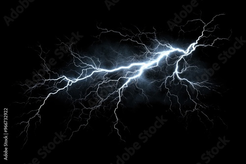 lightning bolt. Massive lightning bolt with branches isolated on black background. lightning effects and lighting thunderstorm , ai