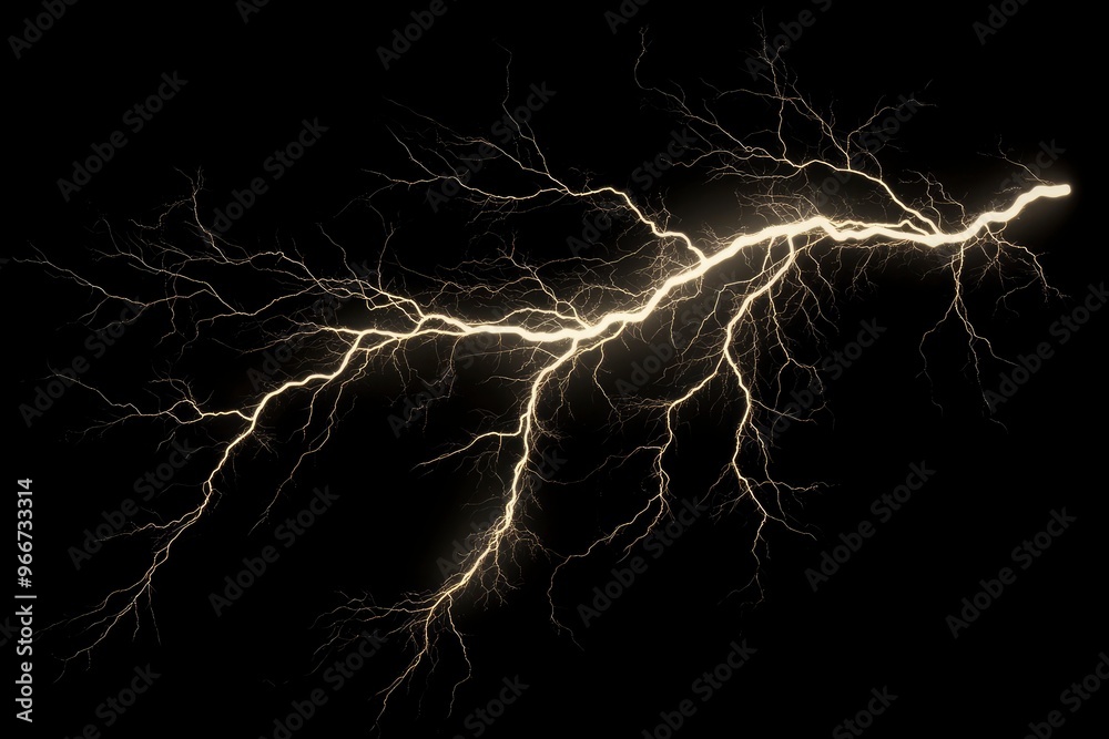 lightning bolt. Massive lightning bolt with branches isolated on black background. lightning effects and lighting thunderstorm , ai