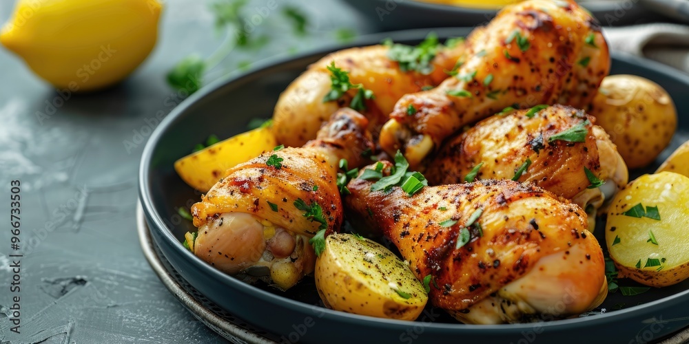 Oven-roasted chicken legs accompanied by steamed potatoes on a dish Oven-roasted chicken legs accompanied by steamed potatoes on a dish