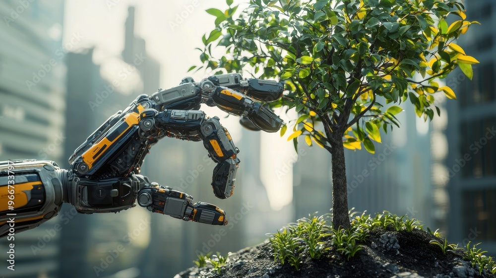Robotic Arm Interacting with Flourishing Tree in Eco Friendly Environment Robotic Arm Interacting with Flourishing Tree in Eco Friendly Environment
