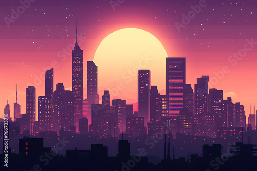 A vibrant sunset over a city skyline, showcasing tall buildings and a colorful sky.