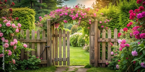 Quaint wooden garden gate with pink flowers and lush greenery in the background