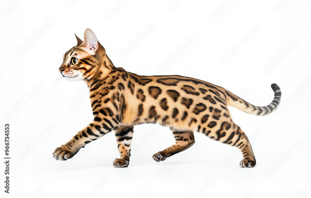 A beautiful Bengal cat walking gracefully across a light background, showcasing its unique spotted coat and elegant posture. A beautiful Bengal cat walking gracefully across a light background, showcasing its unique spotted coat and elegant posture.