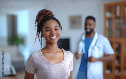 Patient demonstrating range of motion exercises to doctor during virtual physical therapy session, airy room with soft light, calming colors photo