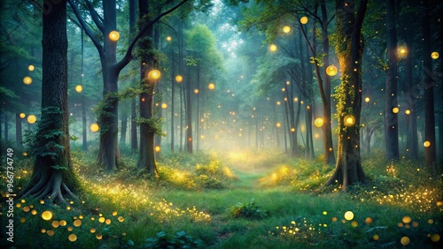 Enchanted forest with glowing fireflies creating a dreamlike atmosphere in the night