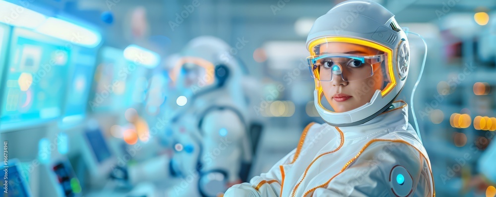 Futuristic research facility with advanced labs, robotic assistants, and innovative technology, showcasing cutting-edge science and exploration Futuristic research facility with advanced labs, robotic assistants, and innovative technology, showcasing cutting-edge science and exploration