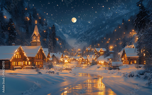 Winter Village Under Starry Night: Christmas Wallpaper