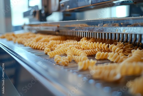 Close-up of Rotini Pasta on a Conveyor Belt in a Food Processing Plant photo