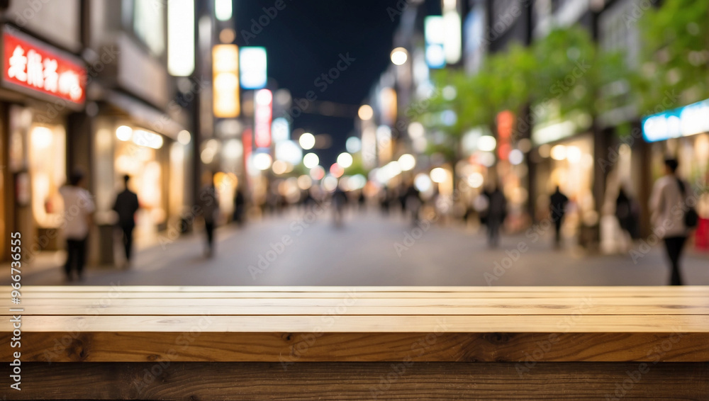 The empty wooden table top with blur background of streets in japan. For product display The empty wooden table top with blur background of streets in japan. For product display
