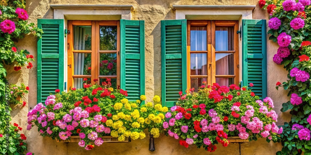 Fototapeta premium Traditional window shutters adorned with vibrant blooming flowers