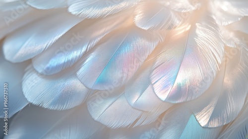 Close-up of iridescent white feathers with soft light photo