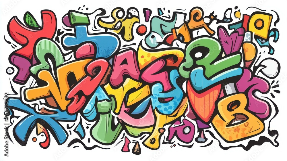 Bright and bold graffitistyle posters feature modern designs with fun textures and cartoon elements for a striking visual impact. Bright and bold graffitistyle posters feature modern designs with fun textures and cartoon elements for a striking visual impact.