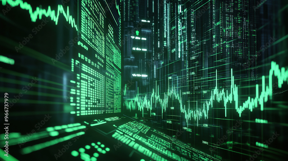 Green stock market chart and trading data in the dark, cyberpunk style Green stock market chart and trading data in the dark, cyberpunk style