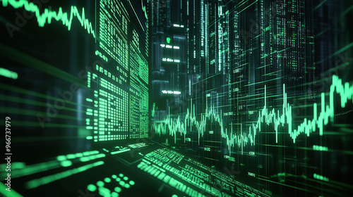 Green stock market chart and trading data in the dark, cyberpunk style