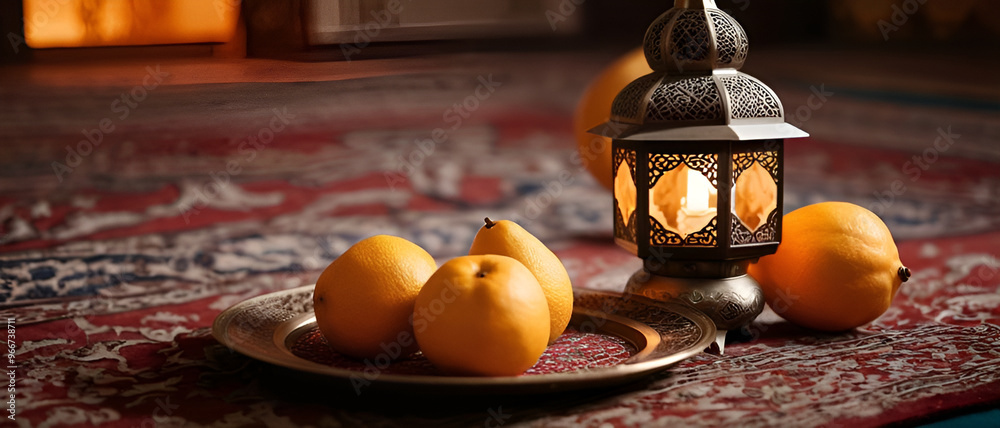Ramadhan kareem background a plate of fruit on a rug with arabic lantern4 Ramadhan kareem background a plate of fruit on a rug with arabic lantern4